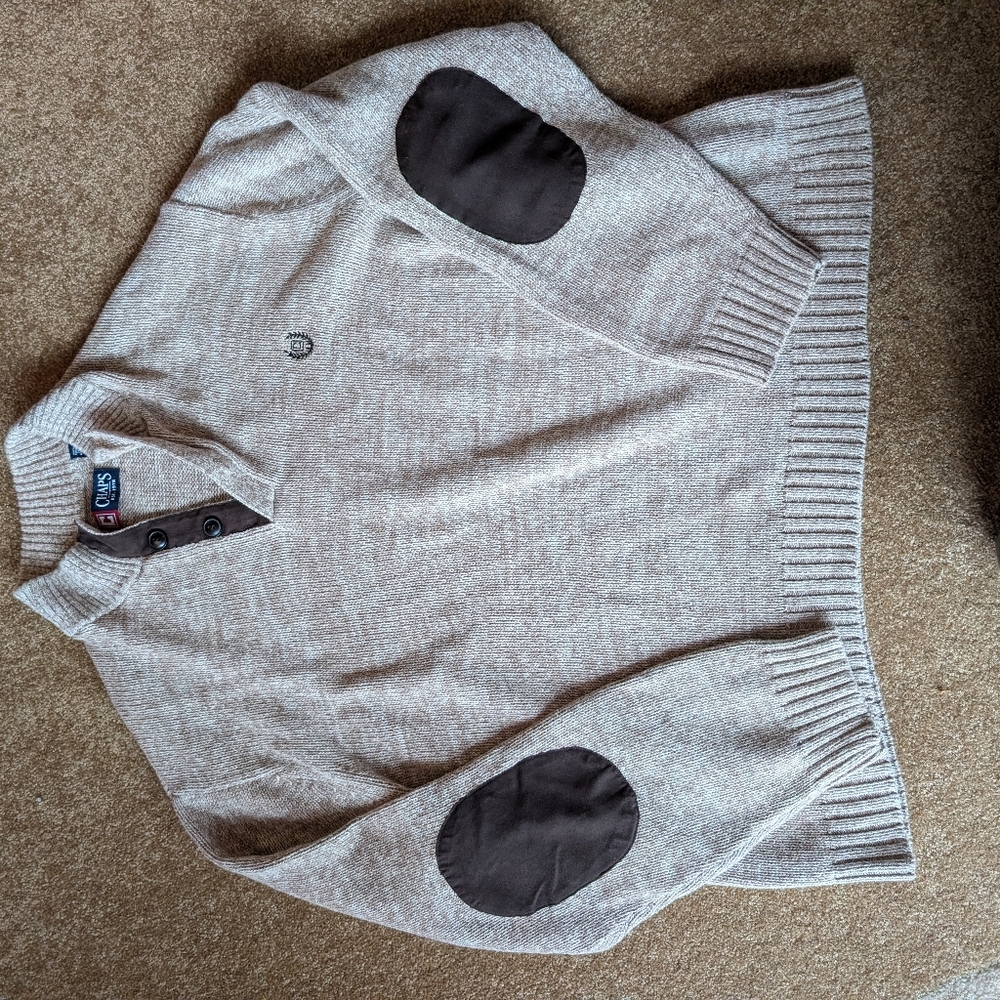 Ralph Lauren Chaps Beige And CreamCrewneck Sweater with Dark Brown Elbow Patches